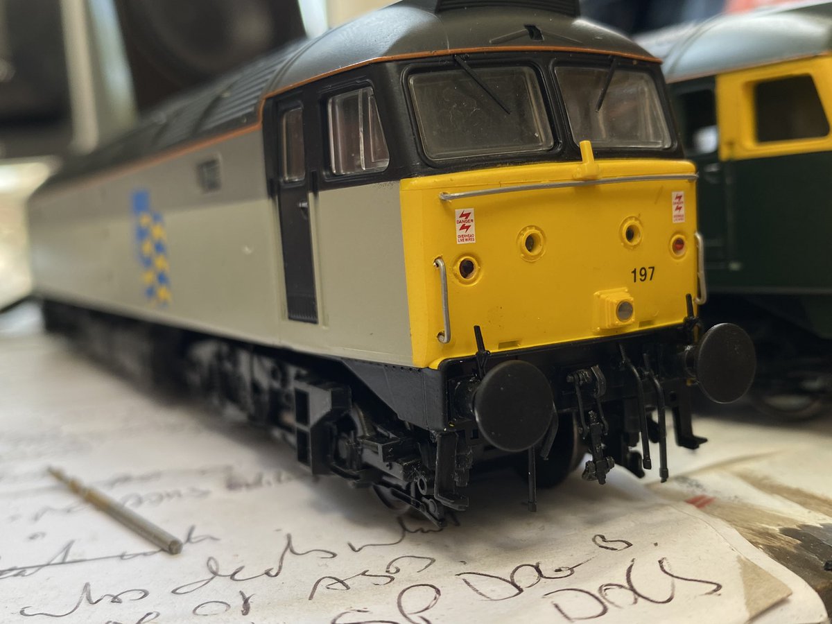 NSE_Latchmere's tweet photo. Having to make my own handrails as the detail kit was not present. All good fun. The lower ones will be painted yellow. #ViTrains #Class47 #TMRGUK https://t.co/DHXGaY0SCQ