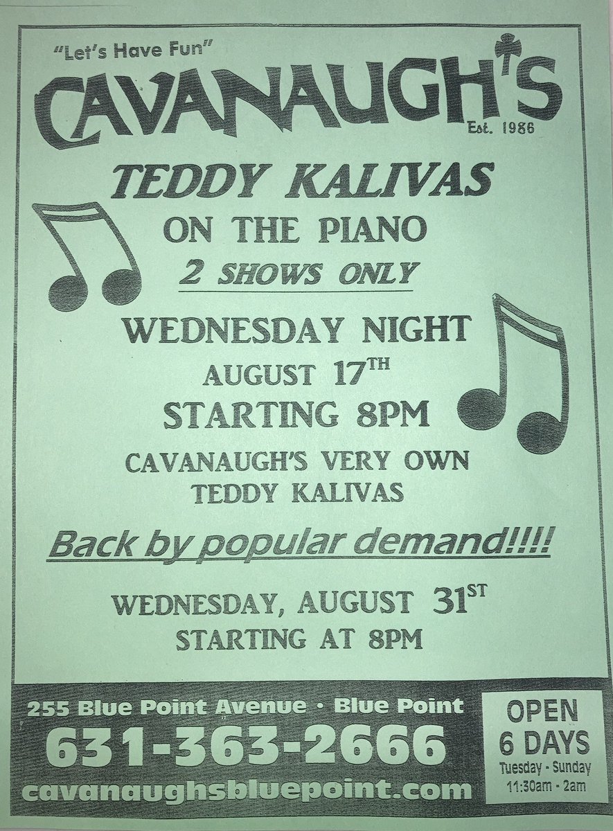 CavanaughsPub's tweet photo. Saturday night dinner specials, kitchen open till 9:30pm. Save the date Teddy playing Piano 🎹. #bluepoint #yumonli #Suffolk #bayportbluepoint #budlightnext #cavanaughs #LongIsland #catering #foodie #bayport #otb #pub https://t.co/BKpNF2ZjWe