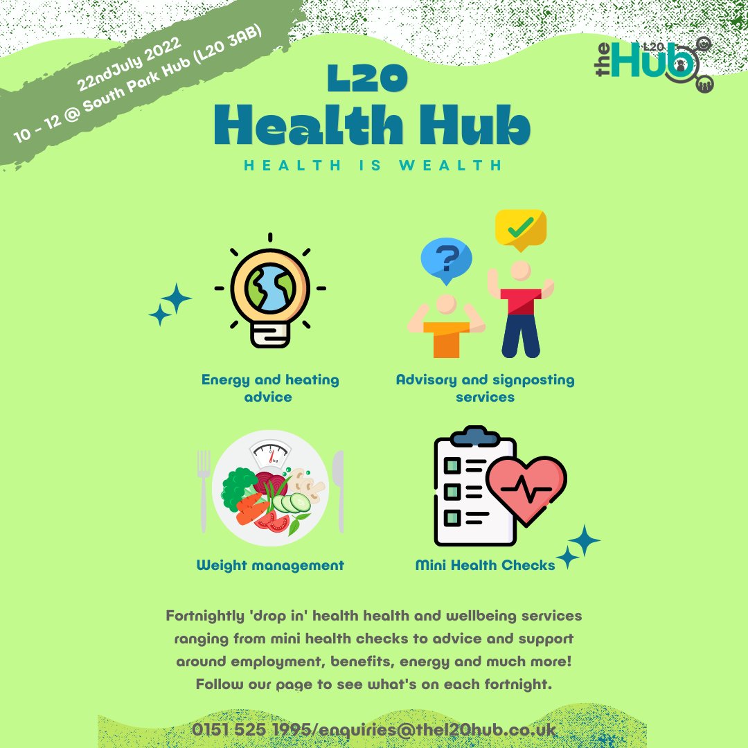 🥗 #HEALTHHUB 🥗 Fri 22nd July, 10-12pm at South Park Hub 🩺 May Logan: FREE health & blood pressure checks 📝 Sefton CVS: Volunteer advice 🔆 National Energy Action: Advice around heating & energy issues enquiries@thel20hub.co.uk #healthiswealth #community #TheL20Hub #SeftonCVS