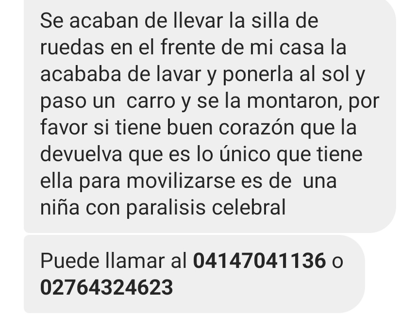 lorearraiz's tweet photo. En San Cristóbal, se robaron la silla de ruedas de una joven que la necesita por tener parálisis cerebral.
Si alguien sabe o puede donar una, este es el número: 
04147041136 https://t.co/l67zL5vUhU