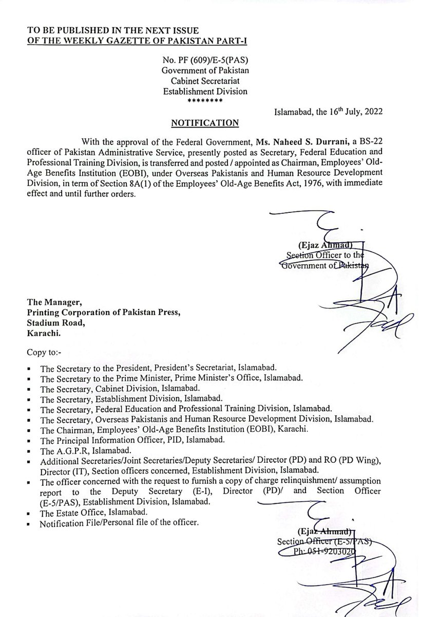 EOBI_Officers's tweet photo. Thanks ALLAH Almighty.
Mrs. Naheed S. Durrani, PAS (BS-22) has been appointed as Chairman EOBI. Expectedly, all pending issues will be resolved very soon, insha ALLAH. 🎈 https://t.co/cjS6Y4fJ35