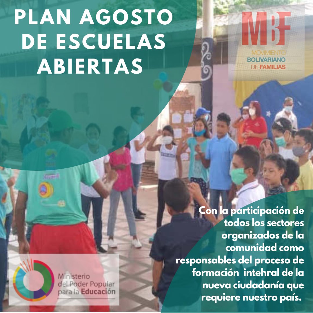 #Asi damos inicio formal al Plan “Agosto de Escuelas Abiertas”. La invitación es a participar en el desarrollo de actividades deportivas, culturales, recreativas, de formación, de producción, y las que incluyan procesos de rehabilitación de sus espacios!
<a href="/MBF_MPPE/">Movimiento Bolivariano de Familias</a> 
@MPPEDUCACION