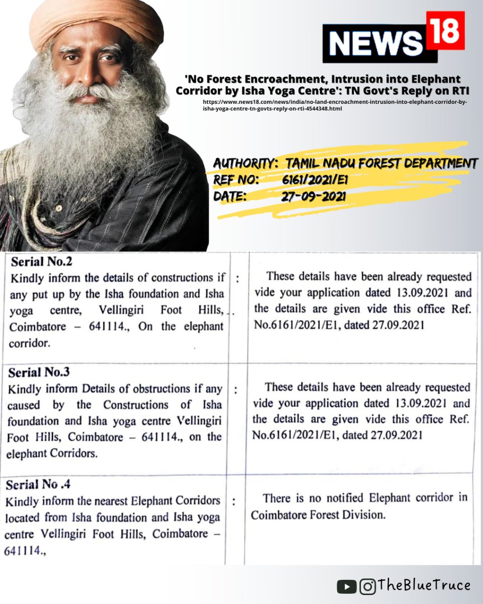TheBlueTruce's tweet photo. Page 2 of the RTI Response from the Tamil Nadu Forest Department clearly states that Isha neither has any constructions on elephant corridor nor has any of its activities caused obstructions on elephant corridors. https://t.co/oIG9OshHi3