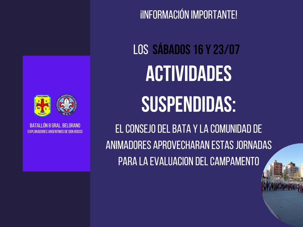 BatallonOchoTuc's tweet photo. ⚠️*INFORMACIÓN IMPORTANTE*⚠️

📅Los sábados 16 y 23 del corriente no se llevaran adelante actividades para os exploradores/as, ya que el Consejo y en comunidad con los animadores/as realizaran la evaluación del pasado campamento,. https://t.co/1l2WGkzk9d