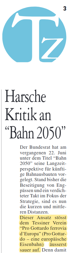 Sw_Railvolution's tweet photo. Tessiner Zeitung, Ausgabe vom 15. Juli
Harsche Kritik von "Pro Gottardo ferrovia d'Europa" an #Bahn2050 https://t.co/J8EPpoCbEx