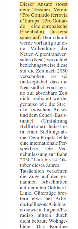Sw_Railvolution's tweet photo. Tessiner Zeitung, Ausgabe vom 15. Juli
Harsche Kritik von "Pro Gottardo ferrovia d'Europa" an #Bahn2050 https://t.co/J8EPpoCbEx