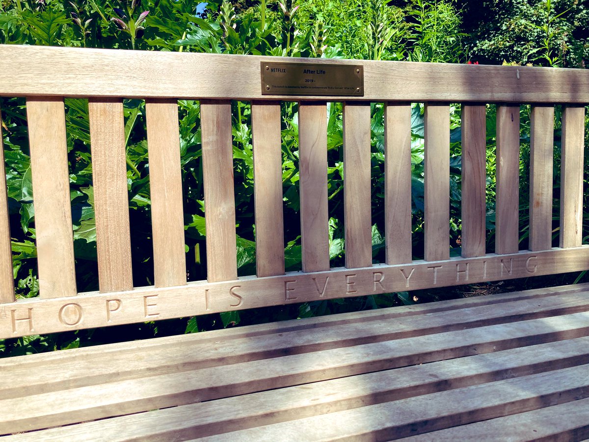 LukeReddy's tweet photo. Classy from @netflix and @rickygervais to place two Afterlife benches in our city. Well worth a walk and a few minutes of mental peace on these fine days. Hope is indeed everything. #Liverpool https://t.co/VRDwfZrFJW