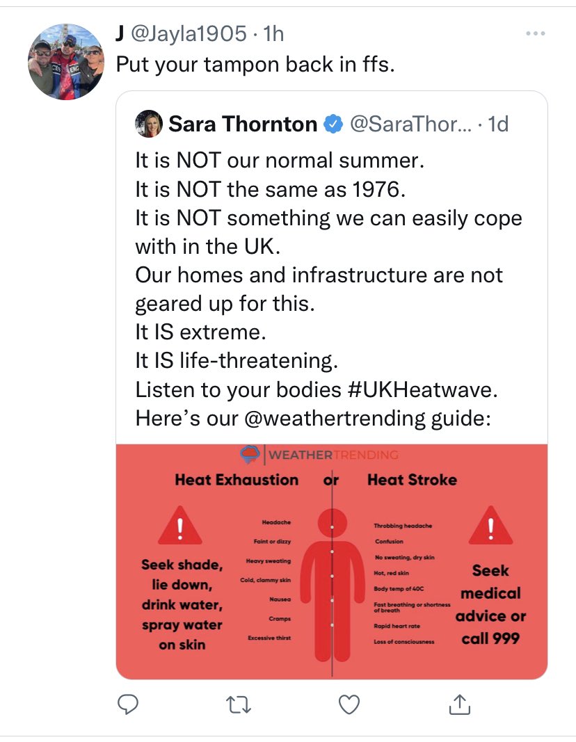 Tweeted this #ukheatwave info from our <a href="/weathertrending/">weathertrending</a> account, people responded thanking my male biz partner. From my account it’s responses like this… 
What could the difference be?? 
(And btw, excess mortality rates rise after just 48 hours of temps over 25C in UK)