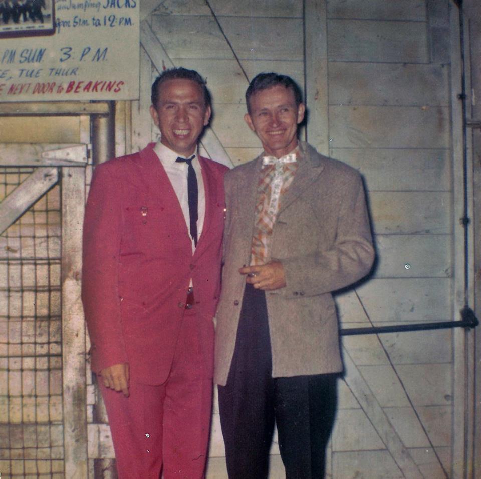 TracesofTexas's tweet image. Traces of Texas reader Eddie Parrish shared this nice photo of his father, Ben Parrish, with Buck Owens at the Big D Jamboree at the Sportatorium in Dallas in the early 1960s.  Looks like they might have a tiger by the tail! Buck Owens, of course, was a Texan.
Thank you, Eddie!