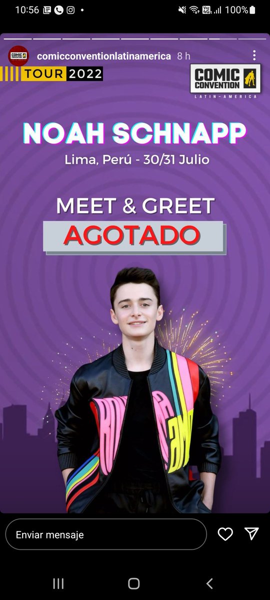 HeyitsNat_A's tweet photo. No paso un día y ya Noah Schnapp agotó el M&G de la #ComicConLima en Perú Lmao lo que me espera a mi si viene a Medellin 😩😩😩😩 https://t.co/GTZ4ccdYzM