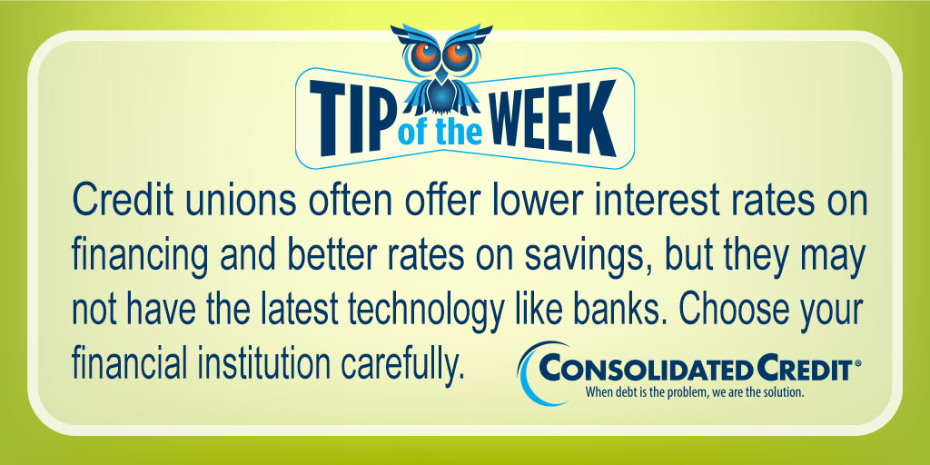 🦉#TipOftheWeekContest
RT for chance to #win $50 in the monthly drawings.

Differences between #Banks and #CreditUnions so you can understand which financial institution is the better choice for your #money: ow.ly/4C2M50JRXK9

#ConsolidatedCredit #DebtSucks ☎️844-450-1789