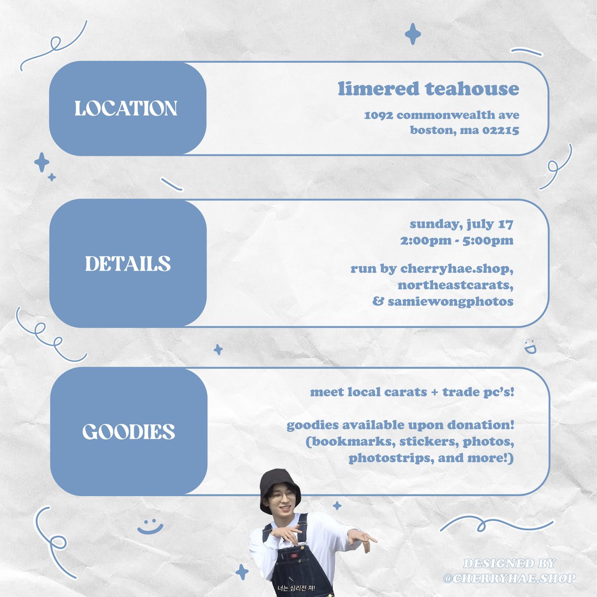 Check out our special drink menu for this Sunday’s event thanks to @LimeRedTeahouse!
💎 ”Gam3 Bo1” Grape Oolong Tea w/lychee jelly
💎 “Sector 17” Blue Raspberry Galaxy fizz
Come try these yummy drinks and celebrate Wonwoo’s birthday with us on July 17th from 2-5pm!

#wonwooday