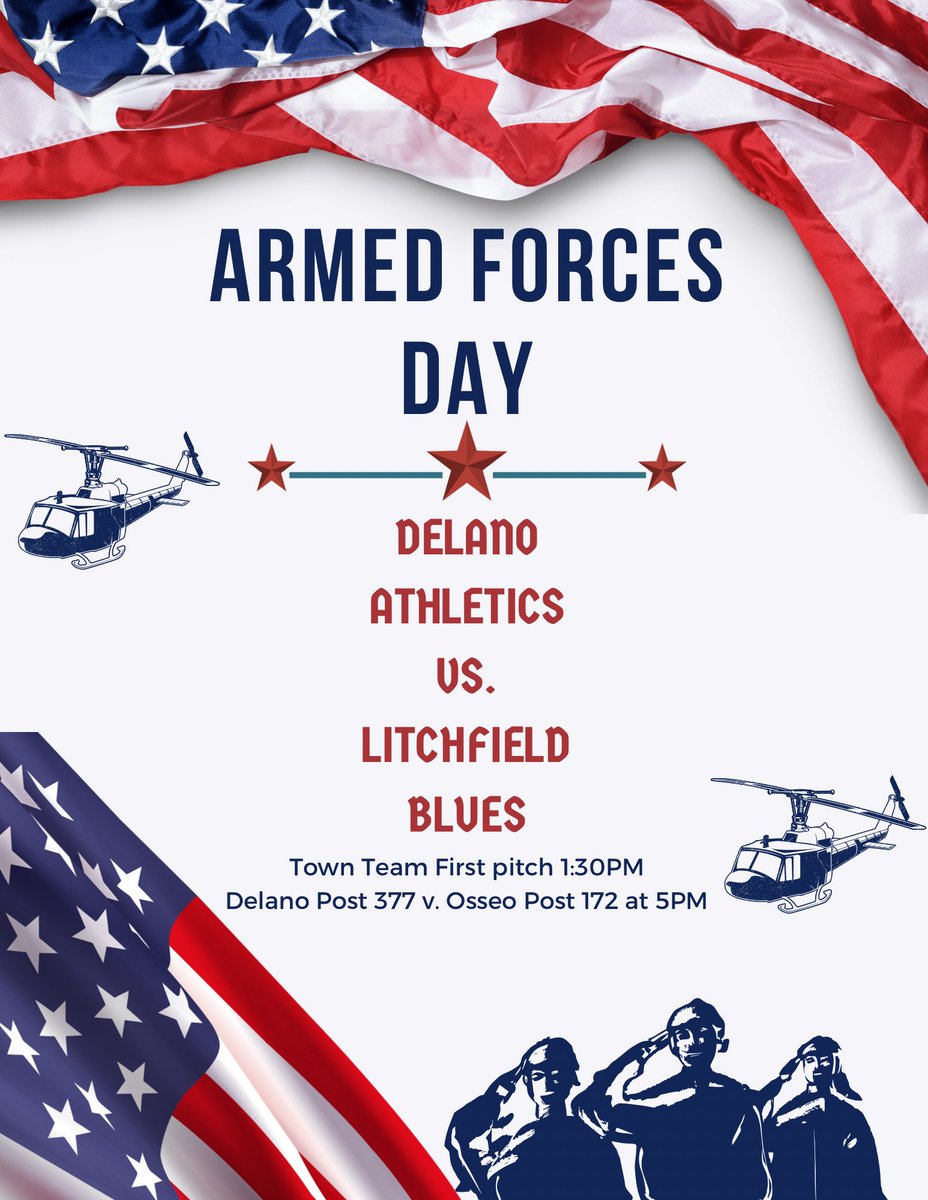 DelanoAthletics's tweet photo. Join us at 1:30PM today as we take on ⁦@LitchBlues⁩ for our first ever Armed Forces Day Game. Afterwards Delano Legion Post 377 will take on Osseo Post 172 at 5PM. Recognition and ceremony between games. We also got BEER back!!!! https://t.co/EpfA6Dh9Rg