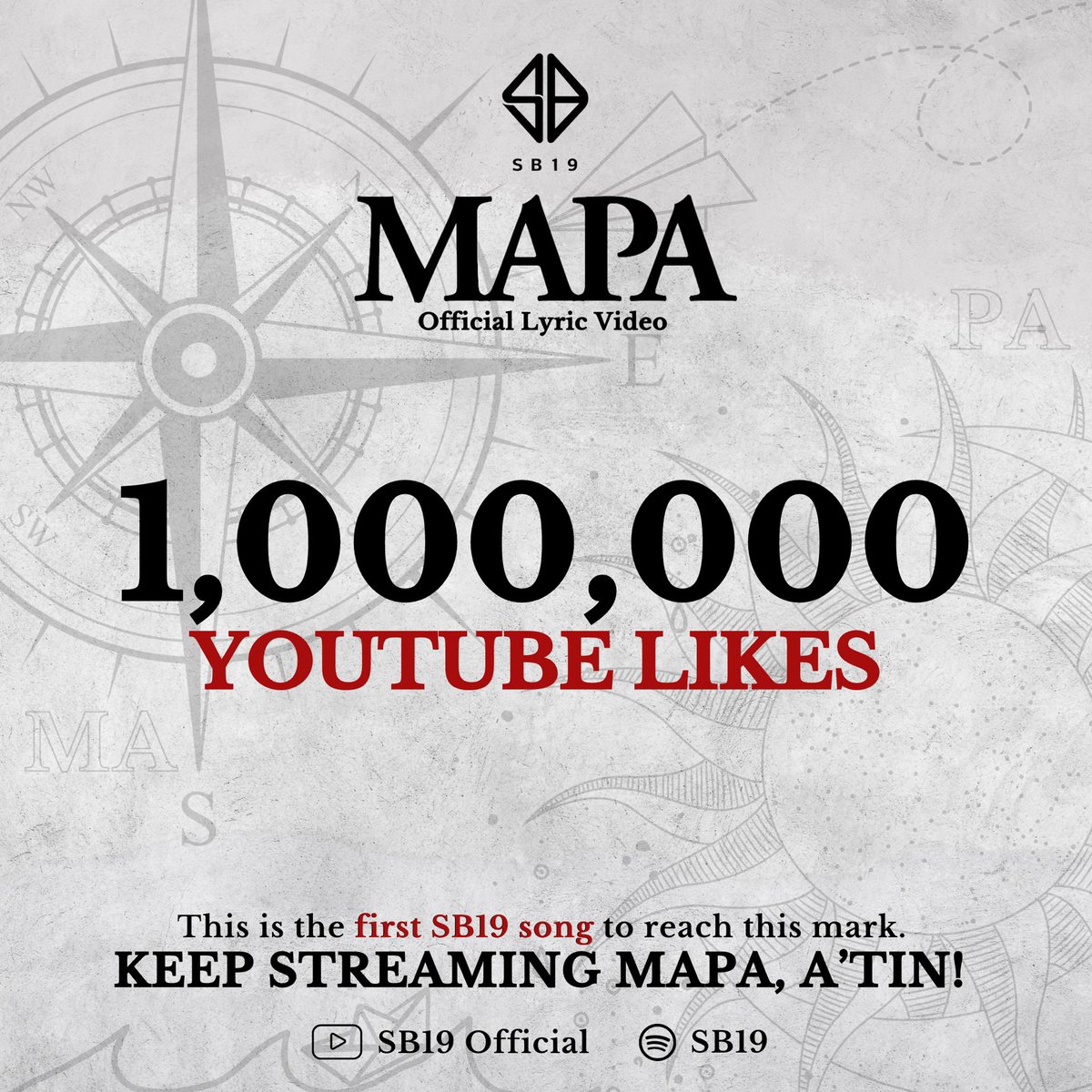 [ MAPA HITS 1 MILLION LIKES! ] Sa’n man mapunta, alam natin kung sa’n tayo nagmula. Congratulations to MAPA Lyric Video as the first SB19 song to reach this 1M likes mark. We are so proud of you five. 👏🏼 Keep streaming MAPA! 💙 #SB19MAPA1MLikes #MAPA_SB19 #SB19 @SB19Official