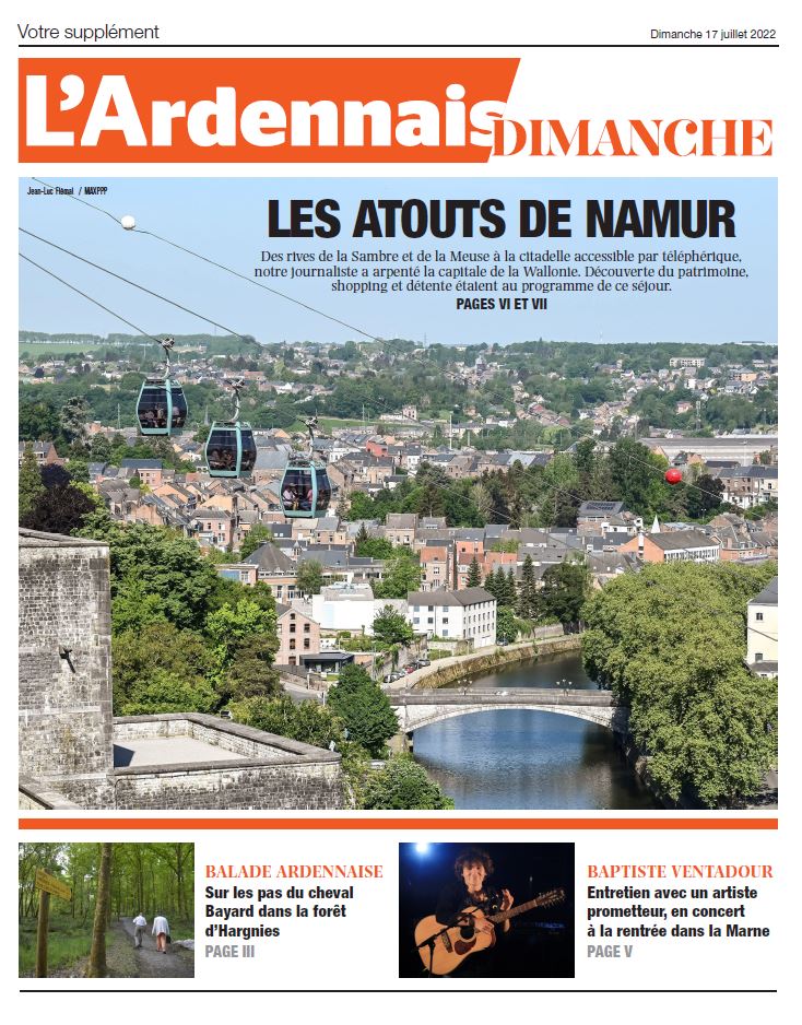 O_Bachelard's tweet photo. Dans le cahier Dimanche @UnionArdennais, nous partirons en balade à #Namur avec @LetiVenancio. A lire également, les confidences de @b_ventadour (le chanteur sera en septembre @lapouleDchamps), une balade à #Hargnies et un hommage à Charlotte #Valandrey. https://t.co/6kPGFmKSNK