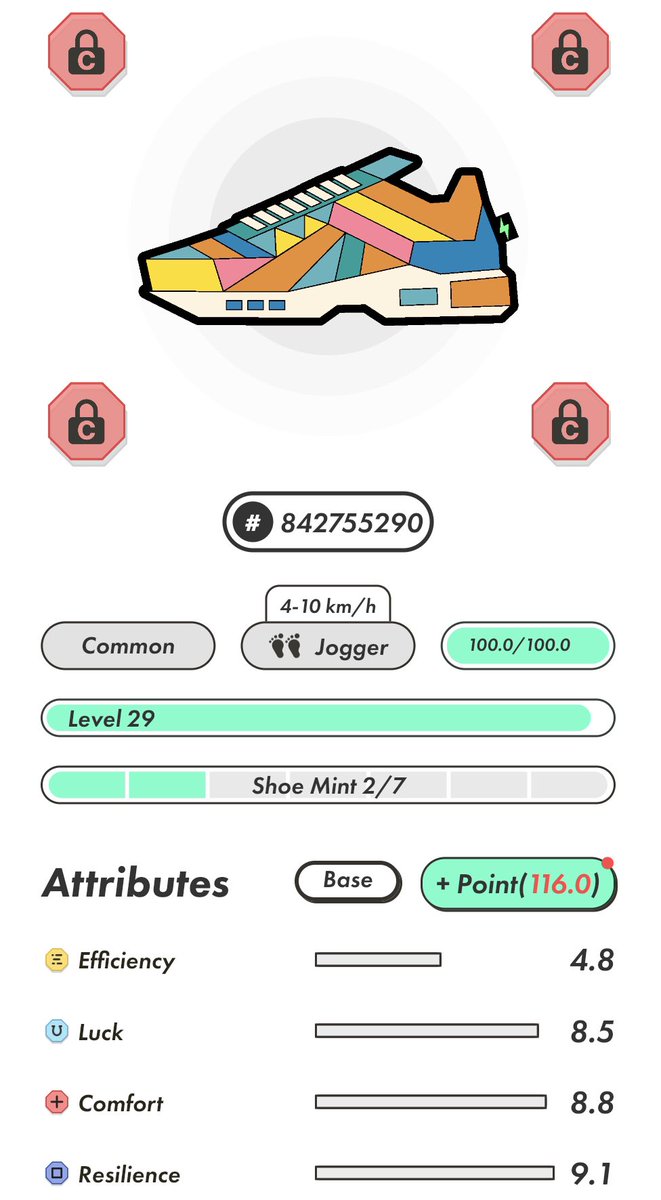 hey #stepn community how should i distribute the points on this one in the light of upcoming GMT mining? All into Comfort or some in Resilience as well? What gems are the best bang for the buck?
 #STEPNApeRealm #stepnstats