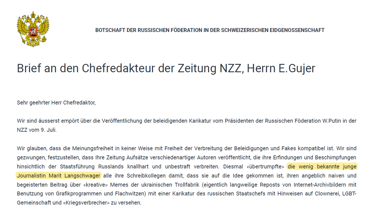 bigliel's tweet photo. Marit Langschwager (@langschmala) wird von der Russischen Botschaft in einem öffentlichen Brief als «wenig bekannte junge Journalistin» abgekanzelt.

Offenbar mag der Kreml engagagierte Frauen nicht.

Deshalb: Macht Marit bitte bekannt. Retweetet diesen Tweet und folgt ihr. 💙 https://t.co/2sJLcn30ix
