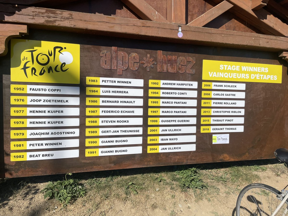 scoobysnacks38's tweet photo. @INEOSGrenadiers @tompidcock @GeraintThomas86 Just Updated 🤪The TDF Alpes D’Huez Stage Winners Board Recognising the Unbelievable Achievement of Yorkshire’s TOM PIDCOCK  #TDF22 #alpedhuez #TourDeFrance2022 #beefeaterbend @scoobysnacks38 @cheesecake038 @Tillyblackdog @1976talc https://t.co/y9i7xZZjPb