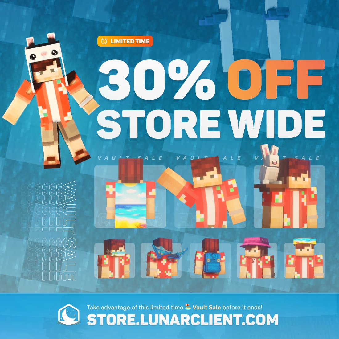 LunarClient's tweet image. Our bi-annual Vault Sale has commenced and will last until the end of the month! 🔓

All cosmetics and emotes ever sold on Lunar are up to 30% off at store.lunarclient.com. 🛍️

We&apos;re giving away 30 cosmetics, emotes, and Lunar+ ranks. Like, Retweet, and Follow to enter! 💙