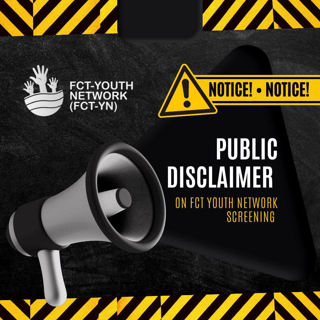 fctyouthnetwork's tweet photo. PUBLIC DISCLAIMER!
 
The attention of the Electoral Committee has been drawn to screenshots of a list of candidates seeking election to the office of FCT Youth Leader and  Area Council Representatives circulating the social media. https://t.co/DGlMX0FrC8