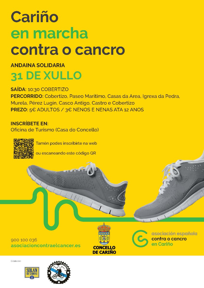 🚶‍♀️CARIÑO EN MARCHA CONTRA O CANCRO🚶‍♂️
📌 INSCRÍBETE EN:
📍- Presencialmente: Oficina de ℹ️ Turismo de Cariño (Casa do Concello). Aberta de martes a sábado de 11:00 a 14:30 e de 17:00 a 20:00. Domingos de 11:00 a 14:30.
🌐 - Na web: enmarcha.contraelcancer.es/es/evento/cari…

#CariñoEnMarcha