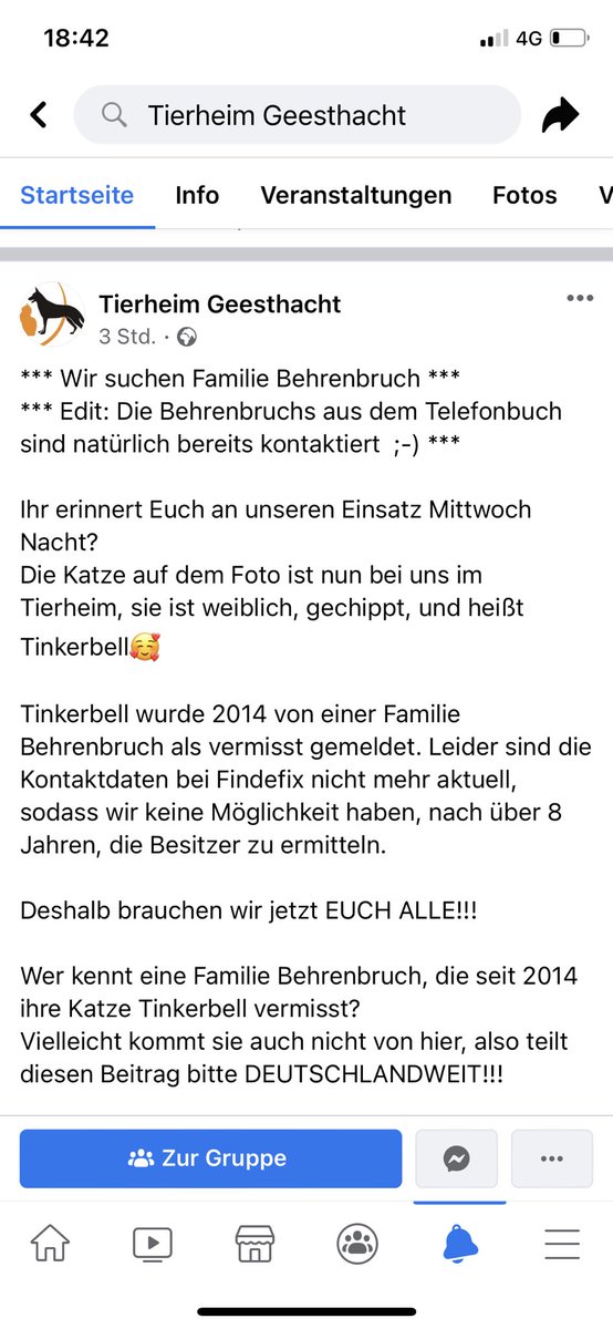 Auf geht’s Twitter-Magie, wir haben eine neue Mission: Wir suchen Familie Behrenbruch, die 2014 Katze Tinkerbell als vermisst gemeldet hat. Irgendwo in Dtld. Wenn wir sie gefunden haben, singen wir zusammen: „Wunder gibt es immer wieder“ 🎶🎵🎶- lieber heute als morgen 🥳