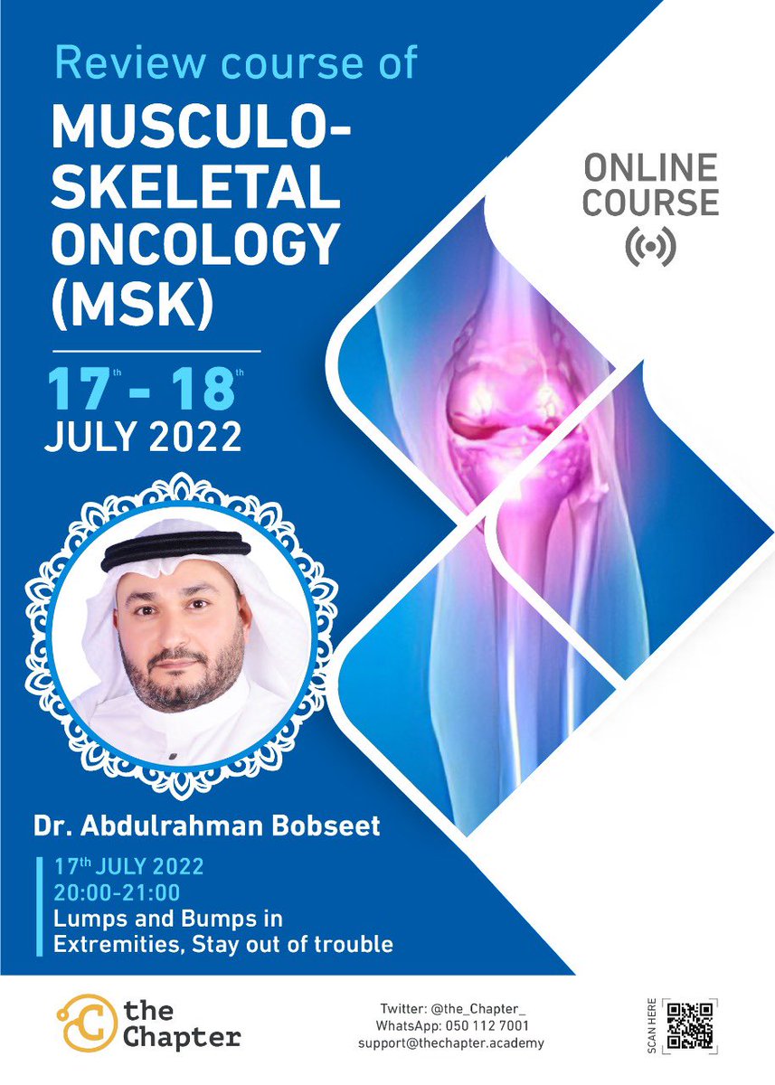 نستهل غداً في تمام السابعة مساءً بمشيئة الله دورة:
Review course of musculoskeletal Oncology (MSK) 

لإخصائي العظام والجراحة العامة والأطباء المقيمين مراجعة لأهم الحالات الشائعة في جراحة وأورام العظام والعضلات على مدار يومين.

لا تفوت الفرصة وسجل الآن:
bit.ly/TW3MSO
