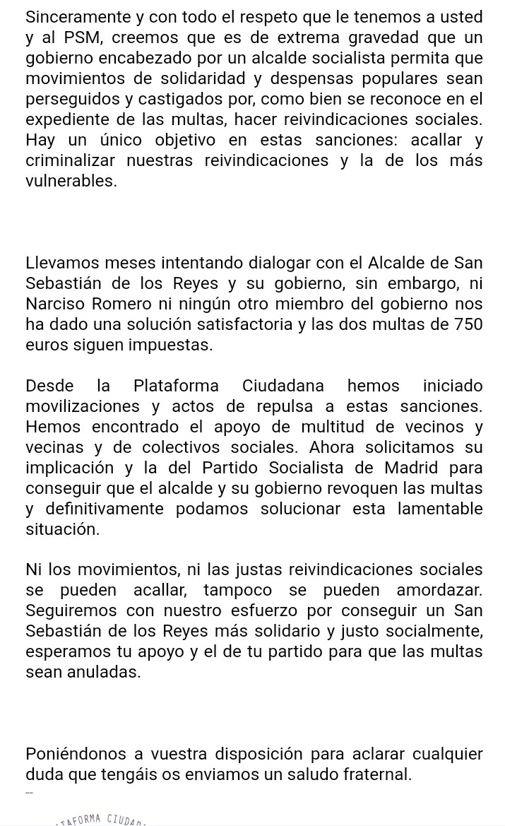 Hemos enviado mail a <a href="/juanlobato_es/">Juan Lobato</a> y al <a href="/psoe_m/">PSOE Madrid</a> informando de las multas de 1.500 € del Ayuntamiento de #Sanse a nuestras 2 compañeras por pintar con #Tiza #reivindicacionessociales. Hemos pedido su apoyo en la retirada de la multa, nos escucharán?

<a href="/XRGranada/">Extinction Rebellion Granada</a>
<a href="/hasta_el_lunes/">Javier Bolaños</a>