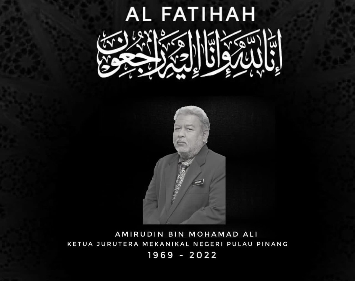 Ir. Ust. Hazery (@ezryir) on Twitter photo Salam Takziah
“ Mari bersama mendoa’kan agar roh Allahyarham Amirudin b Mohamad Ali, Ketua Jurutera Mekanikal, <a href="/JKRPulauPinang/">JKR Pulau Pinang</a> yg telah kembali kerahmatullah ditempatkan dikalangan orang beriman & beramal soleh”
(Al Fatihah)
<a href="/JKRPulauPinang/">JKR Pulau Pinang</a> <a href="/JKR_CKM/">JKR CAW. KEJ. MEKANIKAL</a> Salam Takziah
“ Mari bersama mendoa’kan agar roh Allahyarham Amirudin b Mohamad Ali, Ketua Jurutera Mekanikal, <a href="/JKRPulauPinang/">JKR Pulau Pinang</a> yg telah kembali kerahmatullah ditempatkan dikalangan orang beriman & beramal soleh”
(Al Fatihah)
<a href="/JKRPulauPinang/">JKR Pulau Pinang</a> <a href="/JKR_CKM/">JKR CAW. KEJ. MEKANIKAL</a>