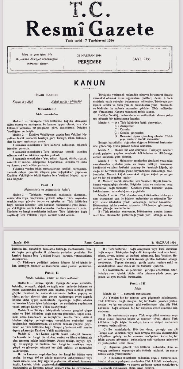 Atatürk’ün mülteci politikası;

- Türk Soylu olmayanlar istediği yere yerleşemez.

- Anadili Türkçe olmayanlar müstakil mahalle kuramaz, işçi ve sanatçı kümesi oluşturamaz.

- Ecnebilerin bir Belediye’deki nüfusu %10’u geçemez.

Resmî Gazete 21.06.1934

📰 resmigazete.gov.tr/arsiv/2733.pdf