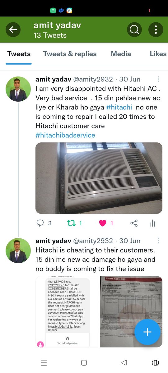 amity2932's tweet photo. @Hitachicool_GB Hitachi company is cheating with their customers. I purchased a window AC last month it got damaged in next 15 days  then I complained many times but not getting proper response from Hitachi team . 

Their services team is trained enough to ignore the customer #hitachi https://t.co/KKNgIbwT0D