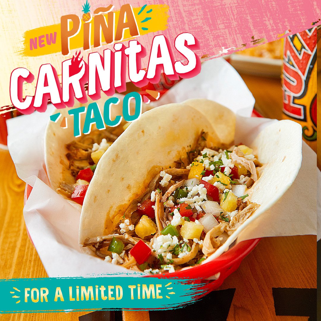 FuzzysNac's tweet photo. Some like ‘em sweet. Some like ‘em shredded. We like ‘em ALL so we made our new Piña Carnitas taco! Try out new shredded carnitas with roasted jalapeño garlic sauce, made-in-house pineapple pico, feta and cilantro. Here for a limited time! #tacos #fuzzysnac #summer2022 #patioszn https://t.co/krwfb5zAOc