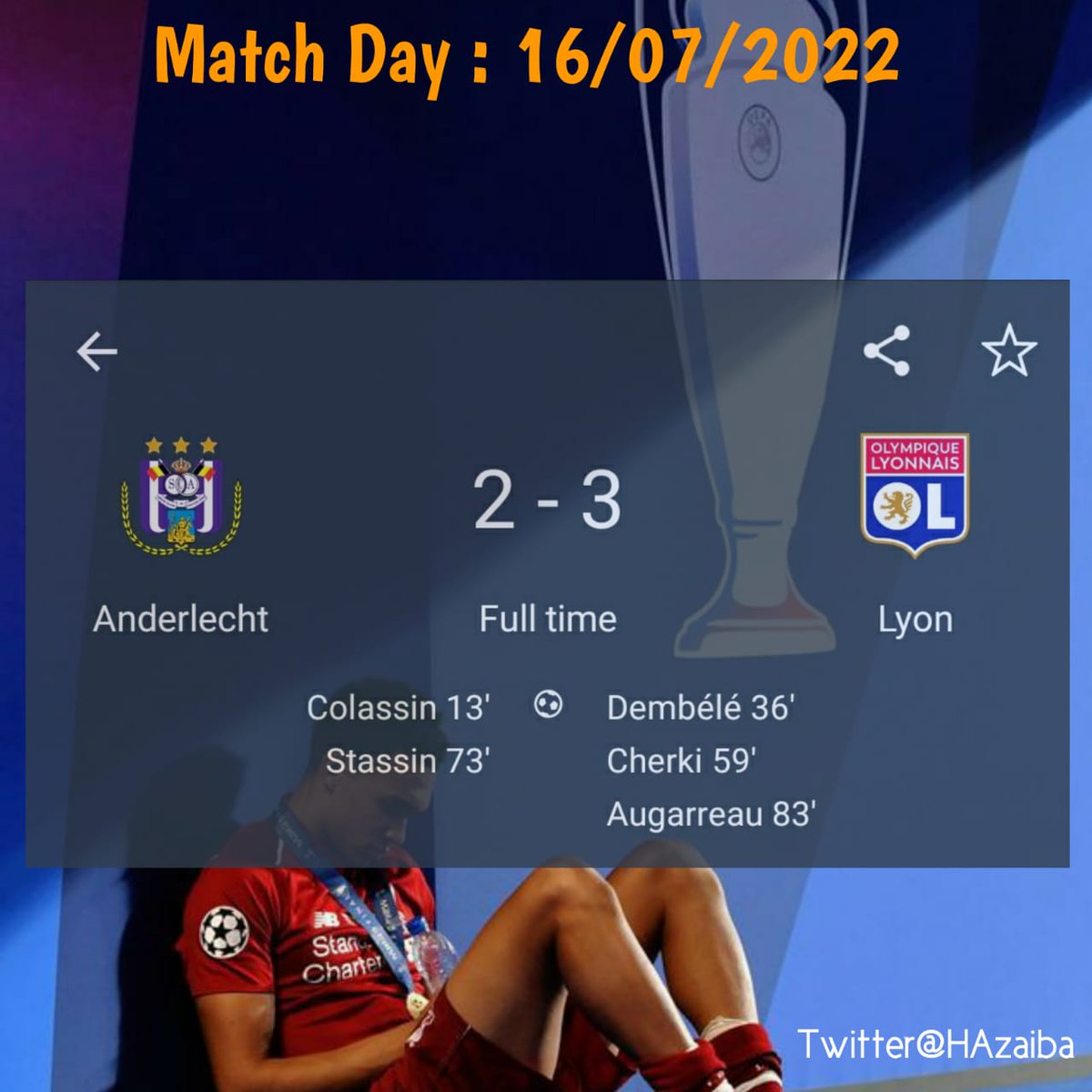 HAzaiba's tweet photo. Anderlecht 2 vs 3 Lyon #anderlecht #lyonfc #Lyon #colassin #stassin #dembele #cherki #augarreau #belgium #brussel #lottopark https://t.co/VA7jLLRYa8