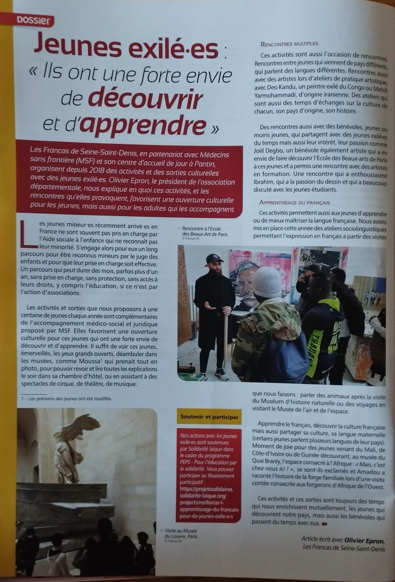 FrancasSSD's tweet photo. Le dernier numéro de Camaraderie, la revue de la Fédération nationale Les Francas est consacré à l'#interculturel. Dans le dossier, un article consacré à nos actions avec les jeunes exilé·es.
#MNA #exilés @FrancasFede @SolidLaique https://t.co/GUz0UtF8jz