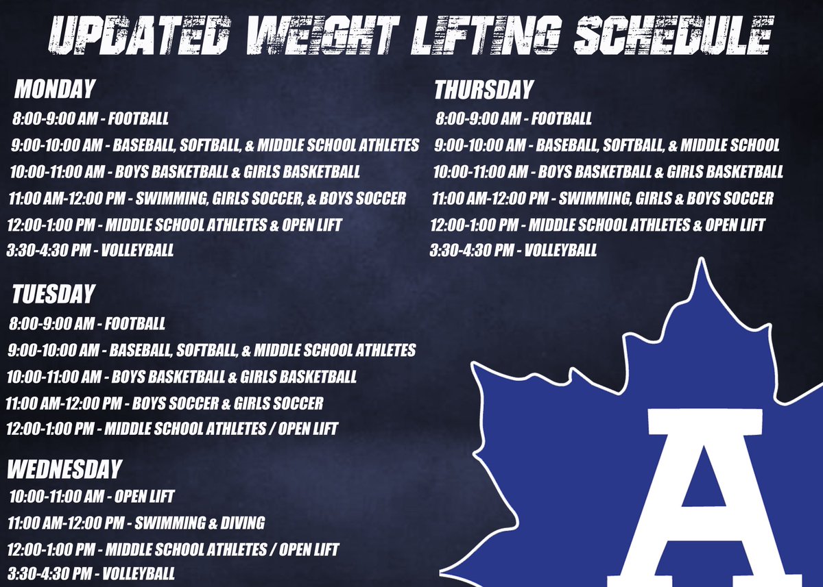 New lifting times starting this Monday 7/18. Lots of opportunities to get better this summer! If you don’t see your sports time, contact your coach. Come join the Maple Movement! #GoMaples