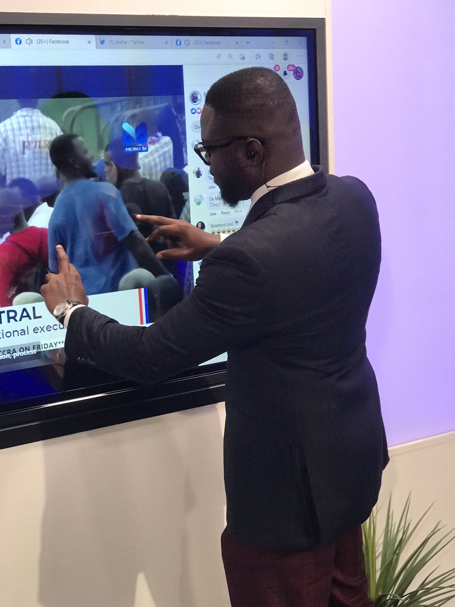 winstontackie's tweet photo. “In our firrrst social media messages”
I’m on the #TouchScreen with ready to read all your tweets and messages  with #ElectionCentral showing live on @metrotvgh @Bridget_Otoo @AAA_Grey https://t.co/elAnQIPP99