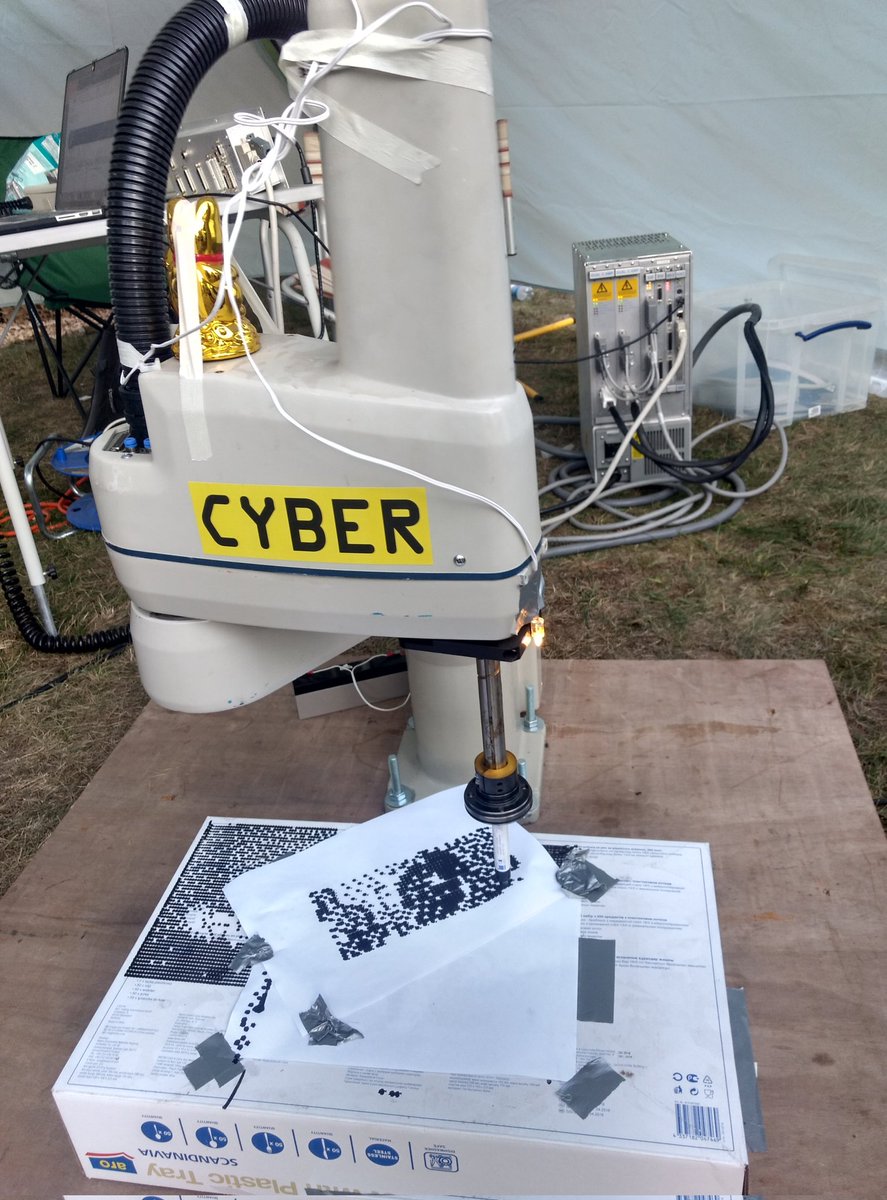 <a href="/Bleeptrack/">bleeptrack</a> This is the coolest pen plotter I saw at the last ccc camp. I've been trying to score a cheap scara for years now. The nice thing here is that if you don't secure it to anything it dances around while doing it's thing.