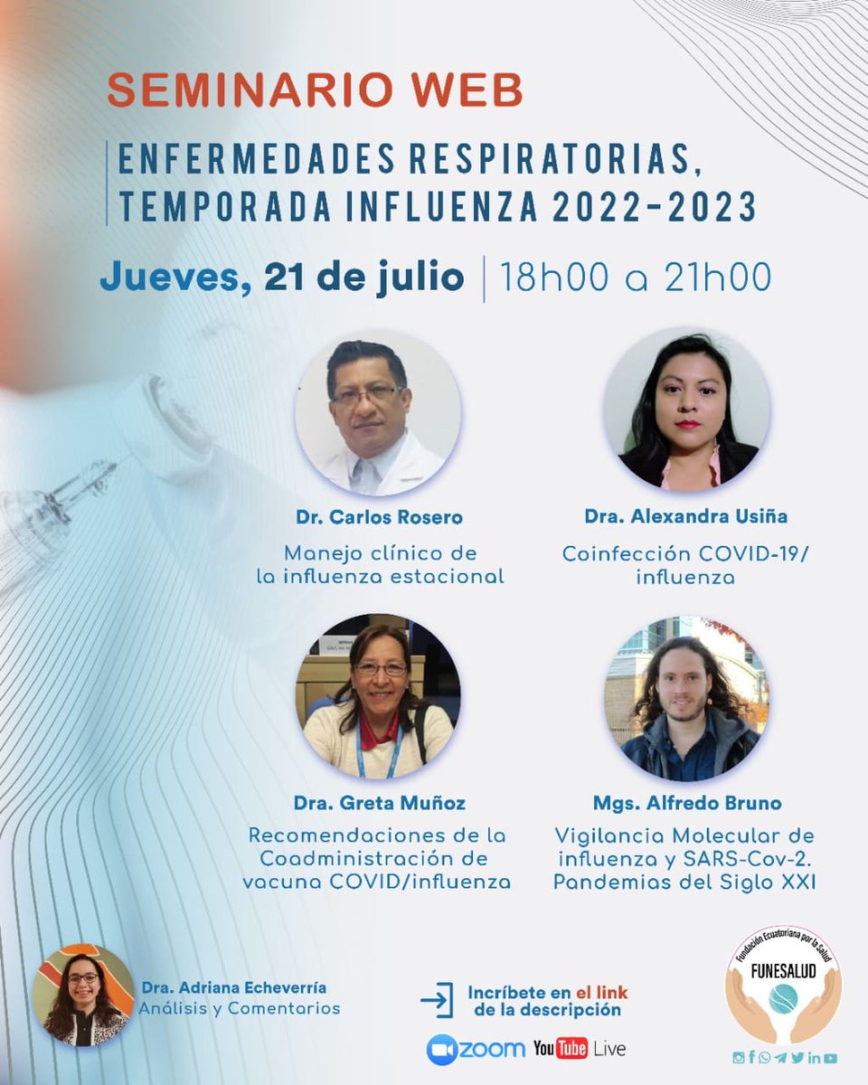 FuneSalud's tweet photo. #Funesalud te invita a ser parte del evento SEMINARIO WEB: ENFERMEDADES RESPIRATORIAS, Temporada influenza 2022-2023.
⚕️Contaremos con la participación de importantes profesionales.
✅Regístrate: https://t.co/zUS89xn5Ww https://t.co/lEUWPYsGSH