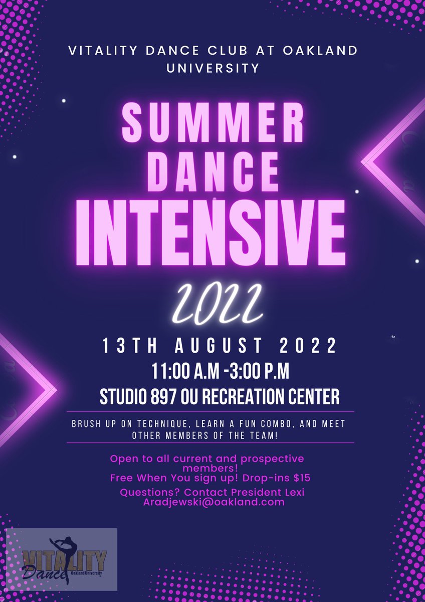VitalityDanceOU's tweet photo. Vitality Dance Club at Oakland University is hosting a summer dance intensive August 13th from 11:00 am to 3:00 pm. Come out and learn fun choreography combinations and meet other dancers! Free when you sign up using the link in bio! https://t.co/uW1RpaMptA