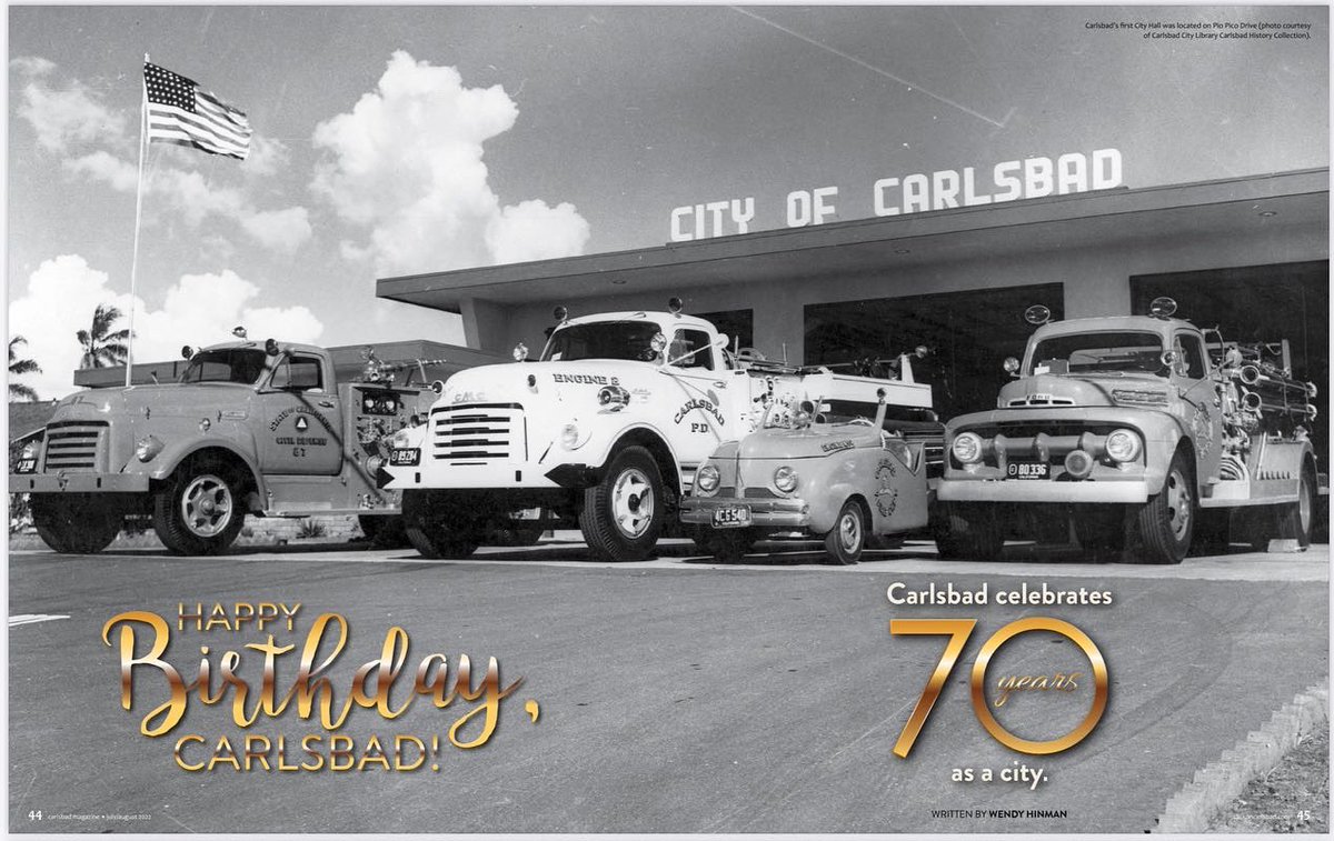 cbadmag's tweet photo. Today marks the 70th anniversary of Carlsbad’s incorporation! Check out our article detailing this historic event. Give Carlsbad extra love and appreciation today! https://t.co/p8yEhPms8Q