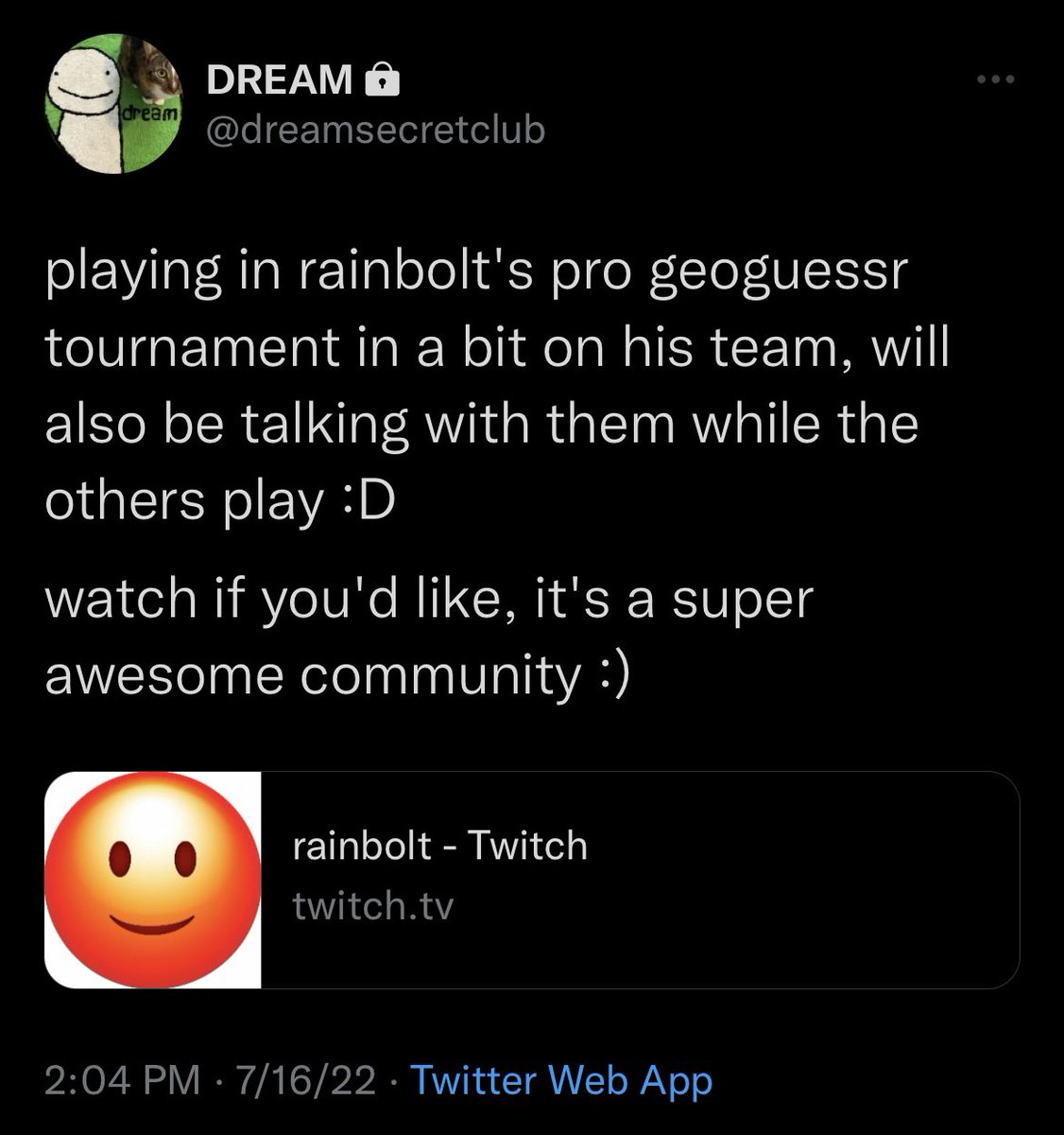 dream tweeted on his private! 
twitch.tv/rainbolt