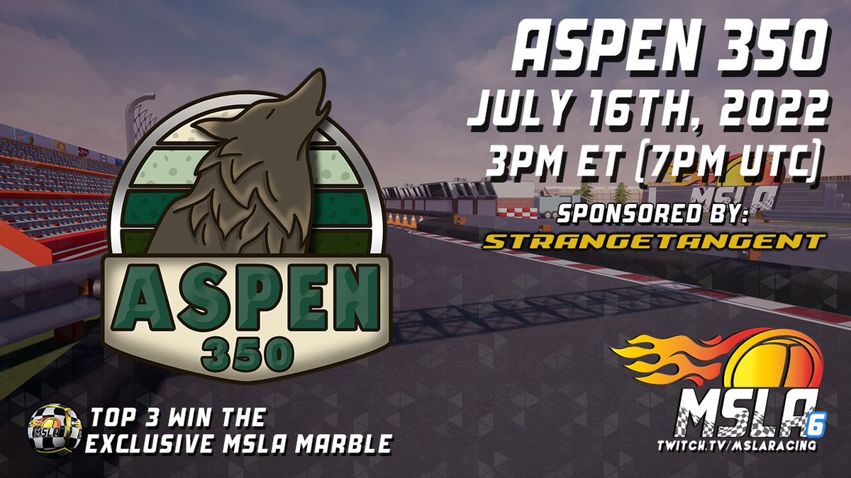 MSLARacing's tweet photo. The MSLA will be going green in 1 hour for the Aspen 350 - Sponsored by @Strange_Tangent with @wolfparkindiana! 350 laps around The Paperclip with stages at the end of laps 100 and 250! Winner gets a 3D printed trophy! https://t.co/I4I0e0uFTC #MSLA #MarblesOnStream #Sponsored https://t.co/S9hR4bWAB2