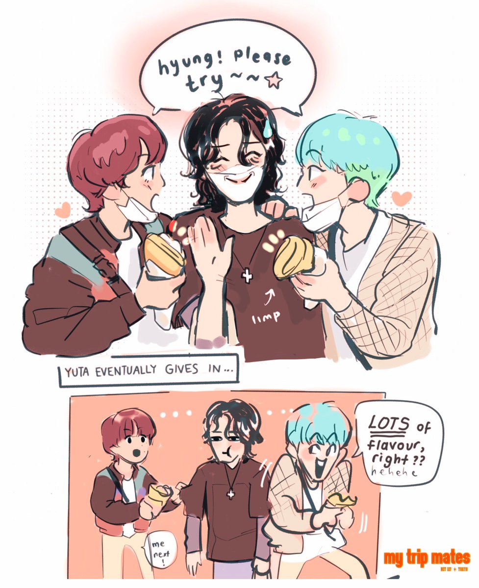trying dongsaengs' crepes  #nct127  
ft. the (wandering) trip mates trio…🐙🐯🐻 