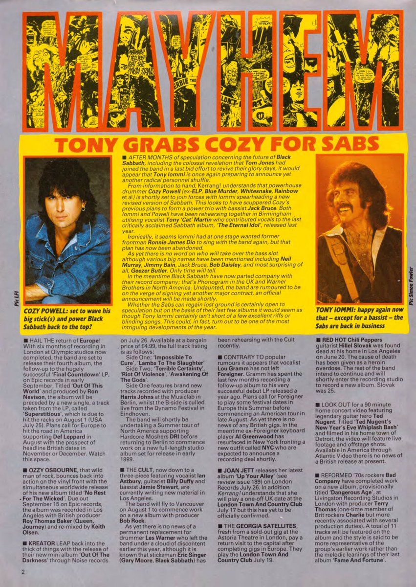 OldKerrang81's tweet photo. July 16, 1988

KERRANG MAYHEM: BLACK SABBATH, BON JOVI, KISS, ALIEN, EUROPE, OZZY, KREATOR, THE CULT, LOU GRAMM, JOAN JETT, BAD COMPANY, GIRLSCHOOL, ZENO, TORINO, SLAYER, MARILLION, NEAL SCHON, WOLFSBANE, SABBAT, HELSTAR, NIGHT RANGER https://t.co/Ch4FHDDZUX