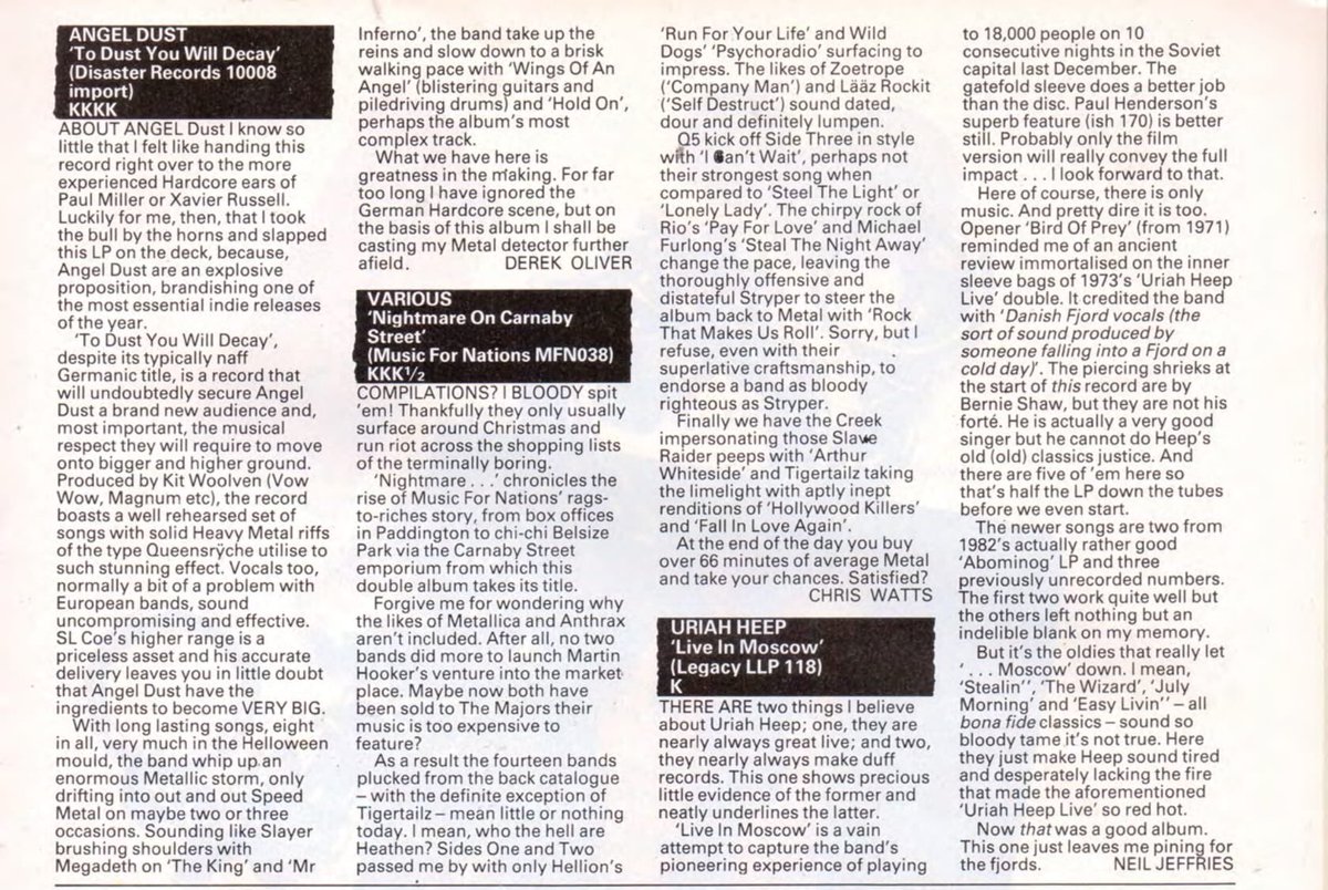 OldKerrang81's tweet photo. July 16, 1988

KERRANG REKORDZ: DRI, ANGEL DUST, URIAH HEEP, HEAVY ROCK, CREEDENCE CLEARWATER REVIVAL, MOD, BALAAM AND THE ANGEL, PRECIOUS METAL https://t.co/K9yijG3sB2