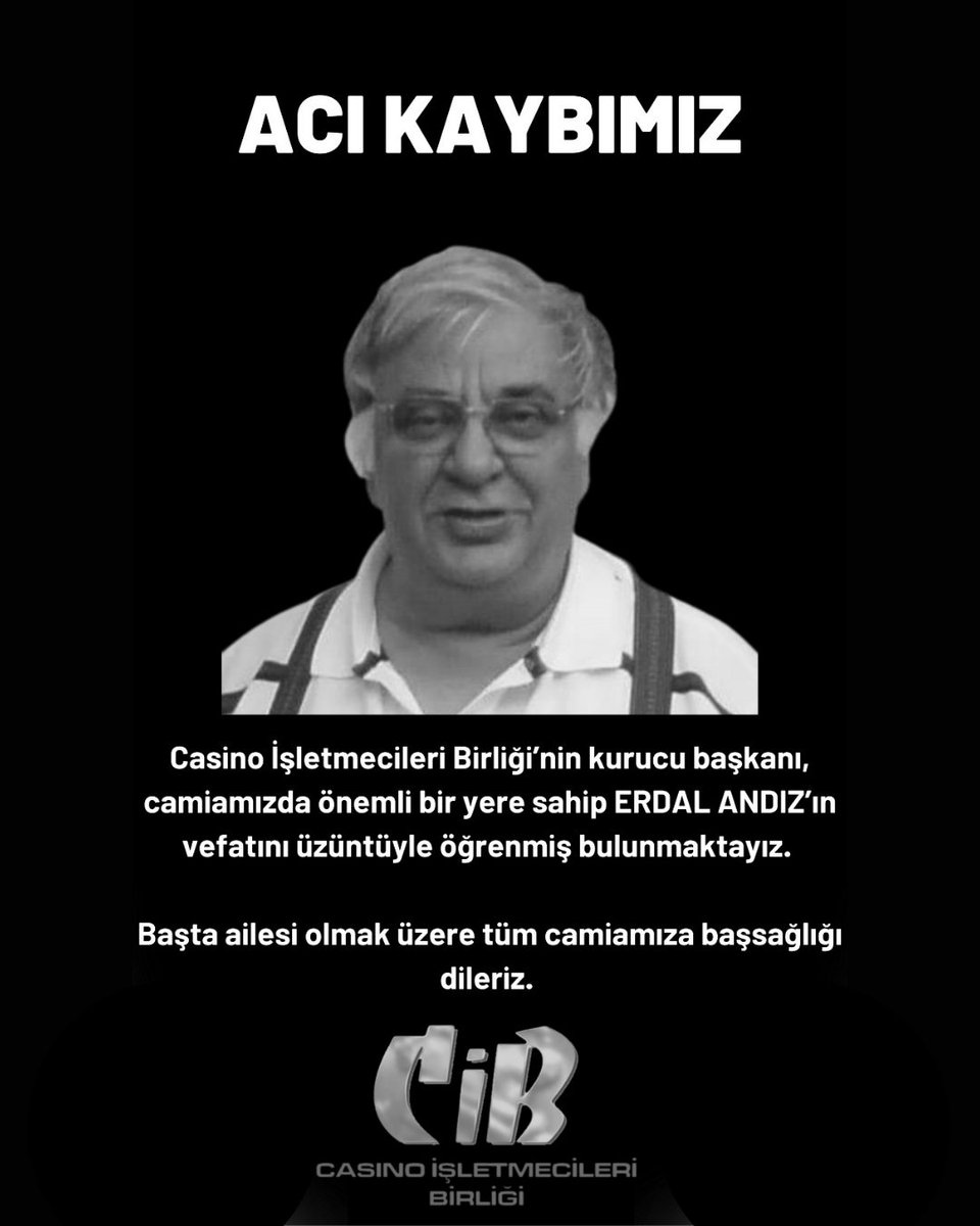 cyprus_casinos's tweet photo. ACI KAYBIMIZ

Casino İşletmecileri Birliği’nin kurucu başkanı, camiamızda önemli bir yere sahip ERDAL ANDIZ’ın vefatını üzüntüyle öğrenmiş bulunmaktayız. 

Başta ailesi olmak üzere tüm camiamıza başsağlığı dileriz. 

#CasinoİşletmecileriBirliği
#erdalandız https://t.co/HkUedxPvUC