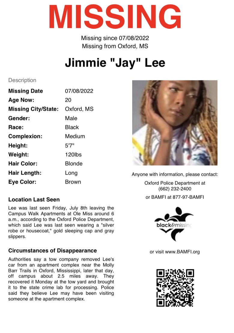 BAM_FI's tweet photo. #Oxford, MS: 20y/o Jimmie “Jay” Lee, University of Mississippi student, was last seen 7/8 leaving the Campus Walk Apts at Ole Miss around 6AM. Lee was last seen wearing a "silver robe or housecoat," gold sleeping cap and gray slippers. #HelpUsFindJimmie https://t.co/I5pccT2ZAQ