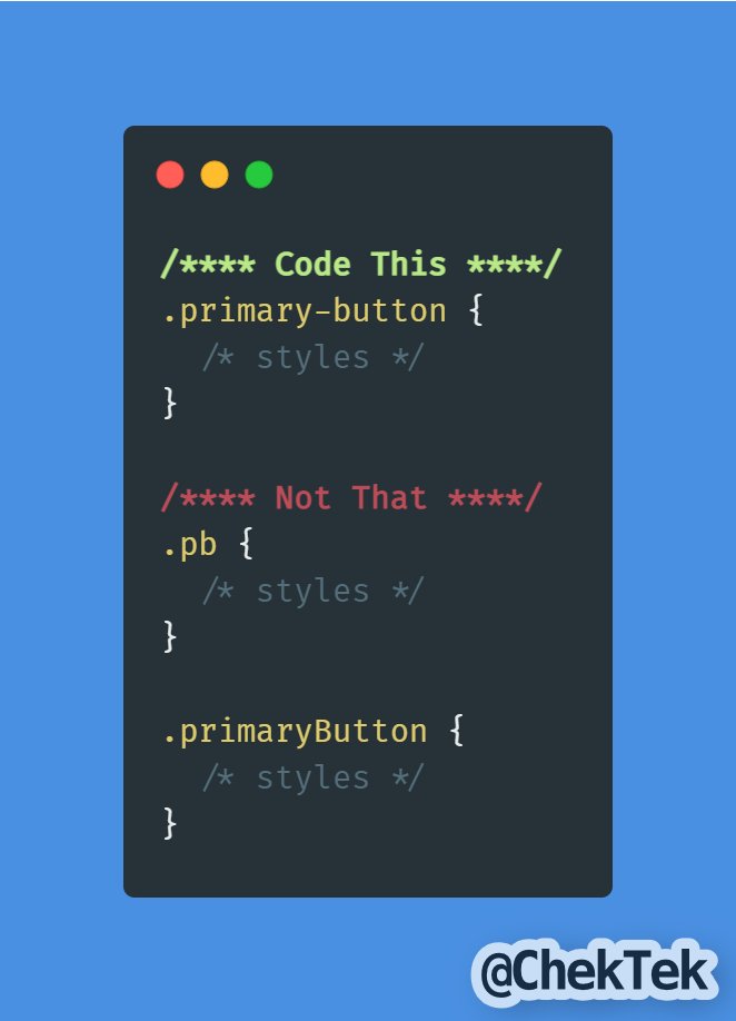 ChekTek's tweet photo. Day 40 of #100DaysOfCode
kebab-case is preferred for CSS styles #CodeThisNotThat https://t.co/Uq2PSyo9BR