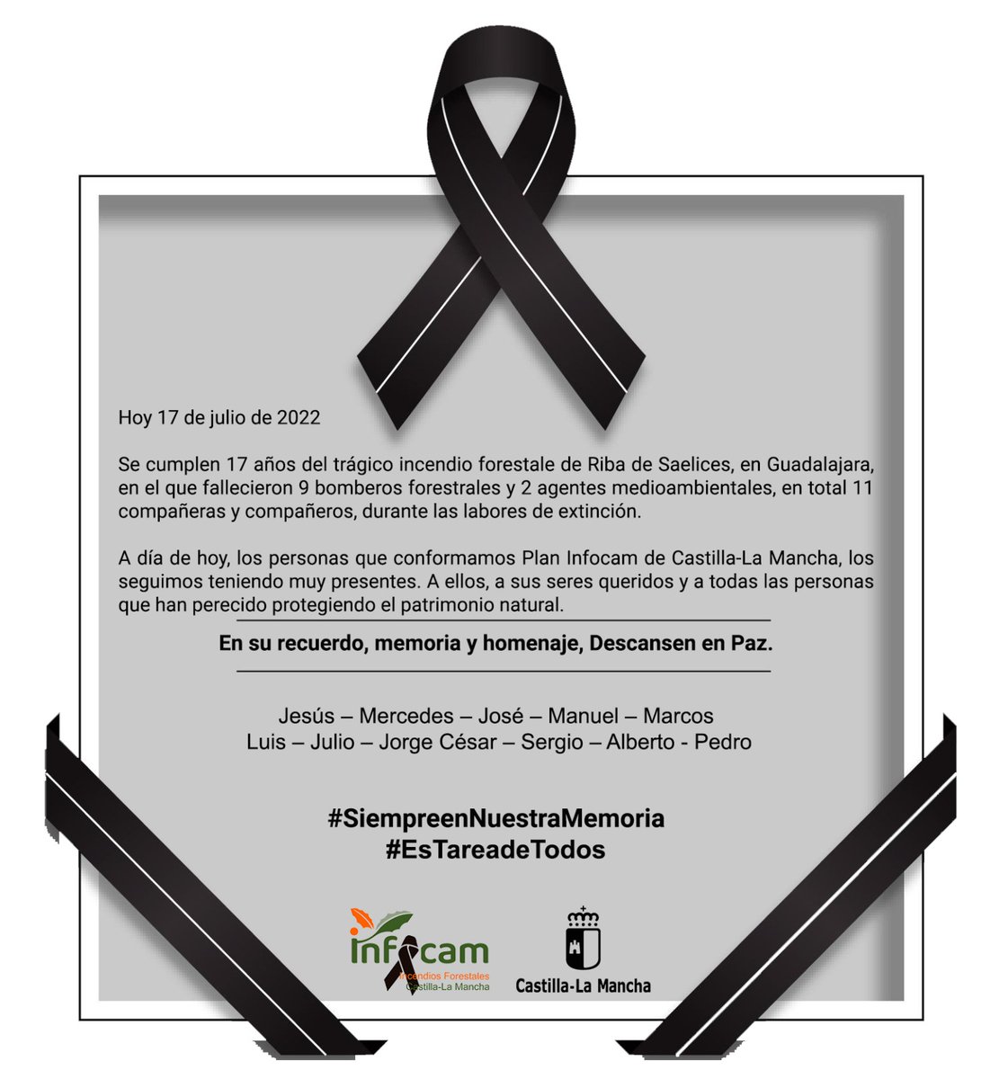 ⬛ #SiempreenNuestraMemoria 
Hoy se cumplen 17 años del fallecimiento de 11 compañer@s del <a href="/Plan_INFOCAM/">INFOCAM</a> del <a href="/gobjccm/">Gobierno de Castilla-La Mancha</a> en el #IIFF de La Riba de Saelices #IFLaRibadeSaelices en #Guadalajara. Un día marcado en la memoria de todos y todas.

#DescansenenPaz
#DEP