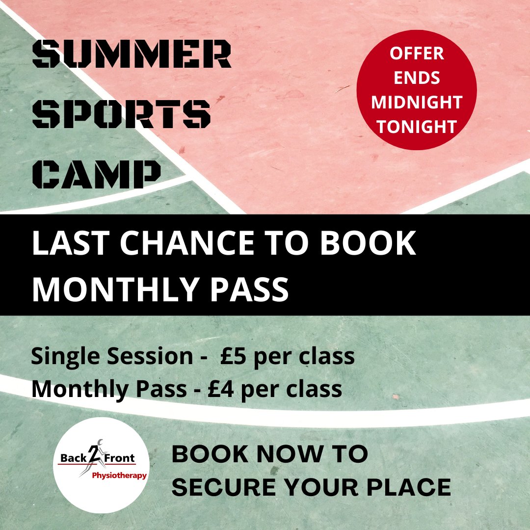 📢 LAST CALL TO BOOK A MONTHLY PASS FOR OUR SUMMER SPORTS CAMP
Offer ends midnight tonight.
Book now to secure the £4 class deal. 14 sessions for just £56.
Sessions will run Mon, Tues and Wed, 4pm-5pm in August.
Aimed at boys and girls aged 12-16.
back2frontphysio.com/summersportsca…